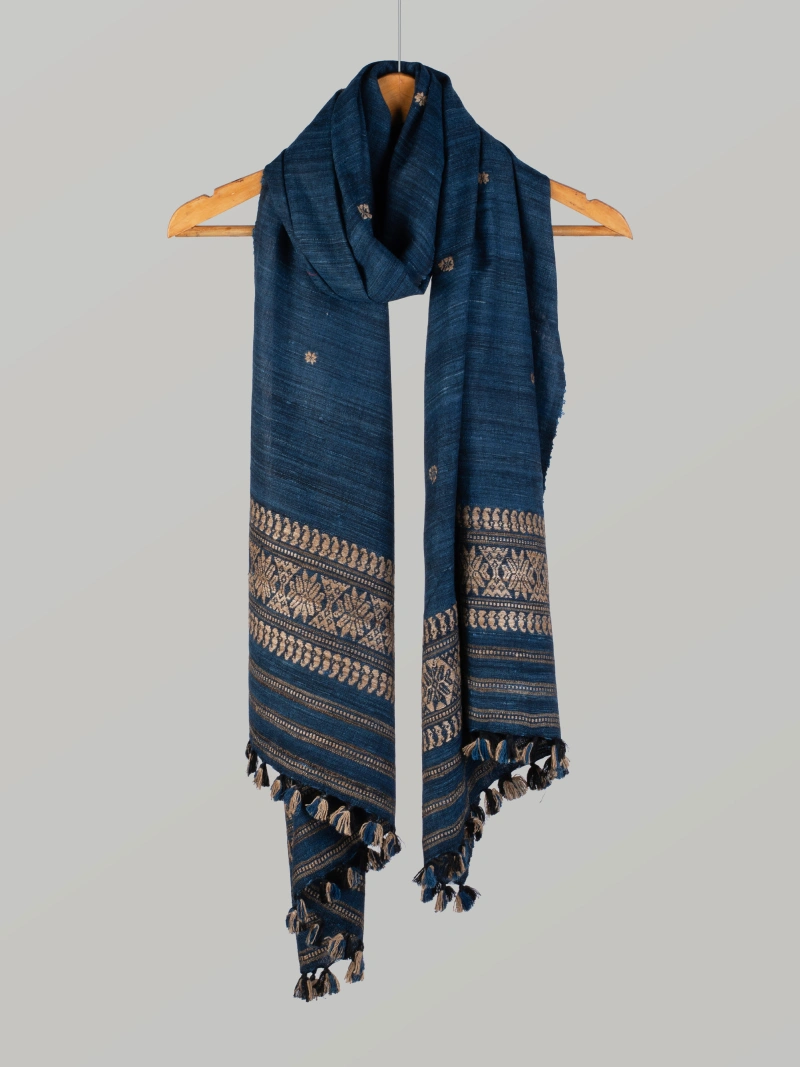 Natural Dyed Eri Stole with Ghisha Muga Thread Work – Dark blue-2