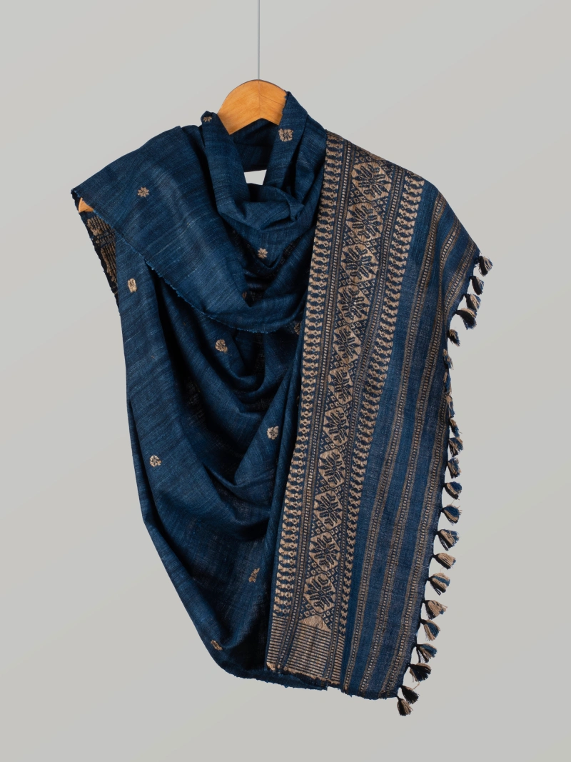Natural Dyed Eri Stole with Ghisha Muga Thread Work – Dark blue