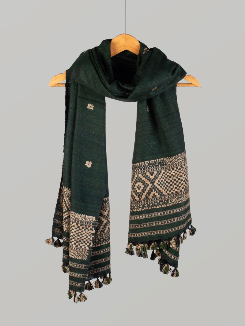 Natural Dyed Eri Stole with Ghisha Muga Thread Work – Dark green-2
