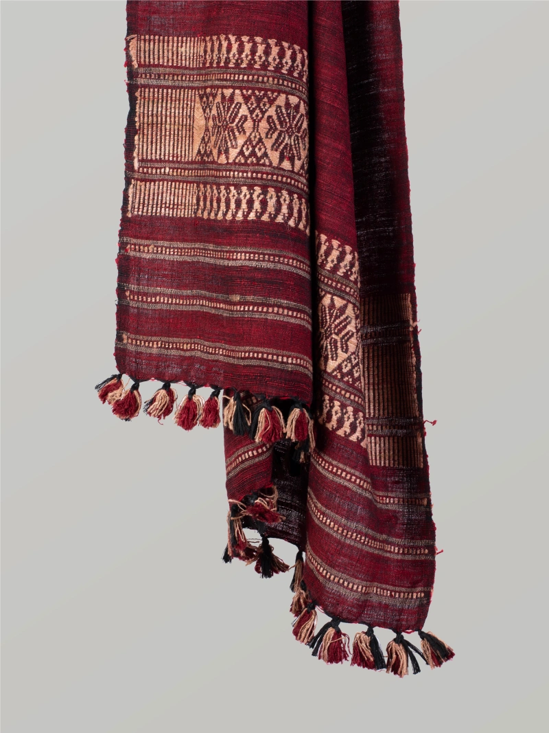 Natural Dyed Eri Stole with Ghisha Muga Thread Work – dark red-1