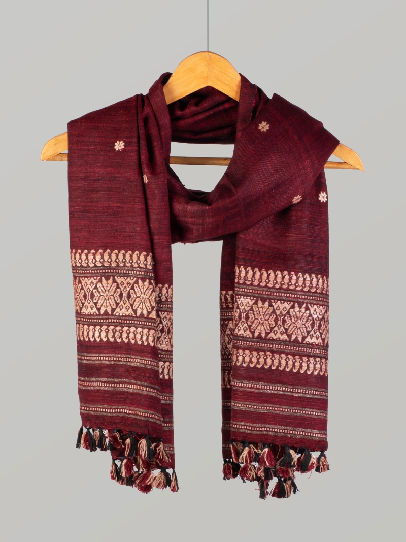 Natural Dyed Eri Stole with Ghisha Muga Thread Work – dark red-2
