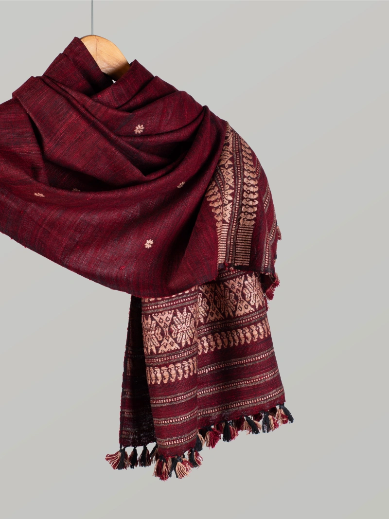 Natural Dyed Eri Stole with Ghisha Muga Thread Work – dark red