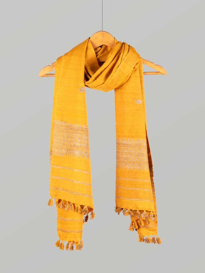 Natural Dyed Eri Stole with Ghisha Muga Thread Work – yellow-2