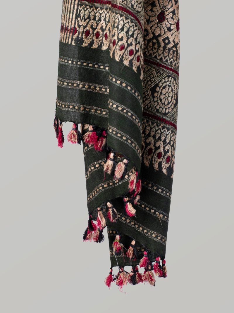 Natural Eri Color Stole with Full Ghisha Muga Thread Work – green-1
