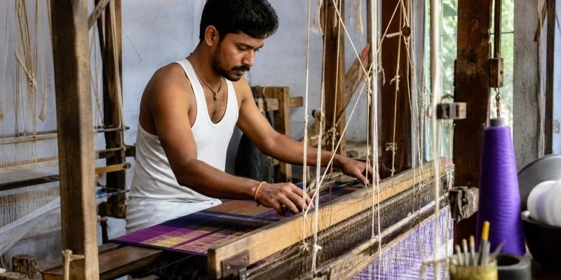 Artisan weaver working on a traditional handloom, threads and loom machinery, Indian textile craft, natural daylight