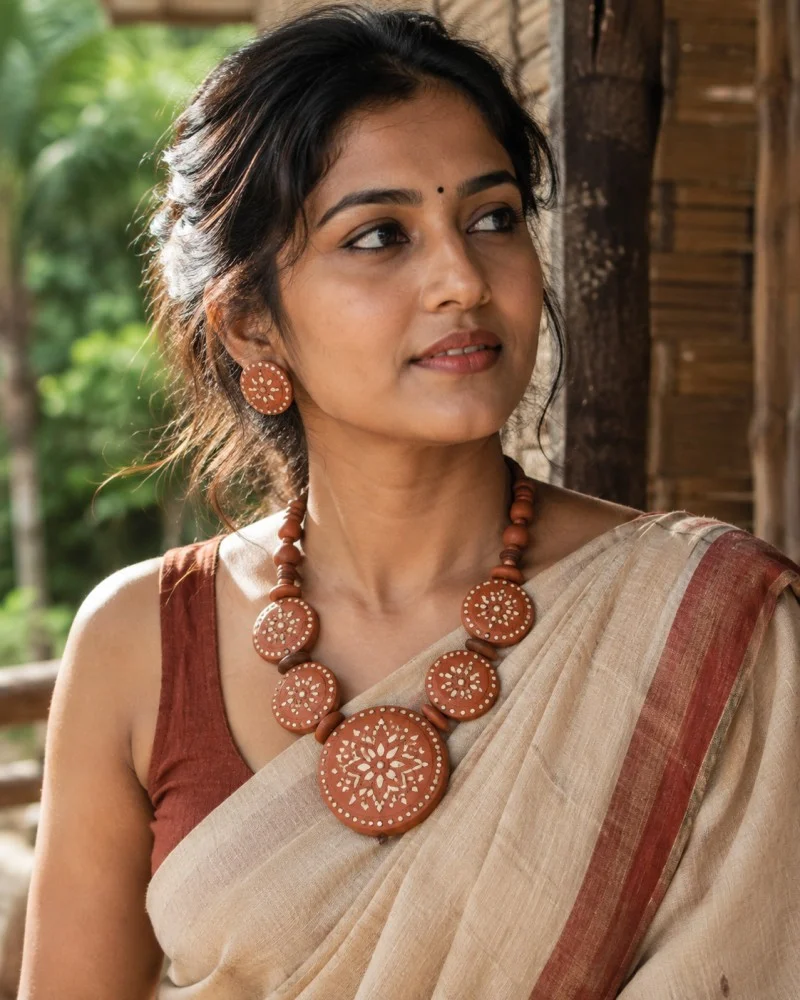 Woman wearing a bold terracotta statement necklace, earthy tones, ethnic Indian styling, natural lighting portrait