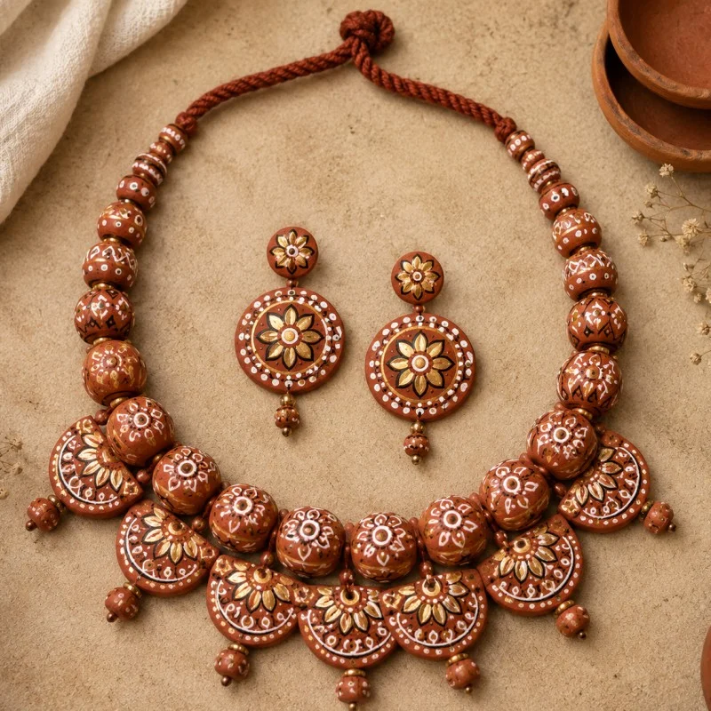 Flat lay of terracotta necklace and earring set on a neutral textured background, warm earthy jewellery display